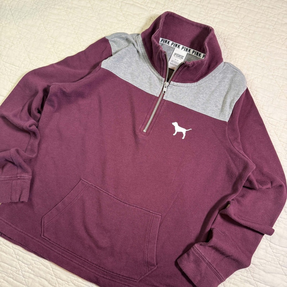 Pink Victoria's Secret Quarter Zip Pullover Maroon Grey Colorblock‎ Small